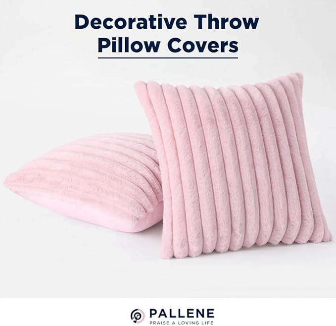 Pallene Faux Fur Decorative Throw Pillow Covers 24x24 Set of 2, Blush Pink | Luxury Plush Texture, Striped Design, Cozy Soft Touch, Modern Home Accent Decor for Couch, Sofa, Bed, Living Room