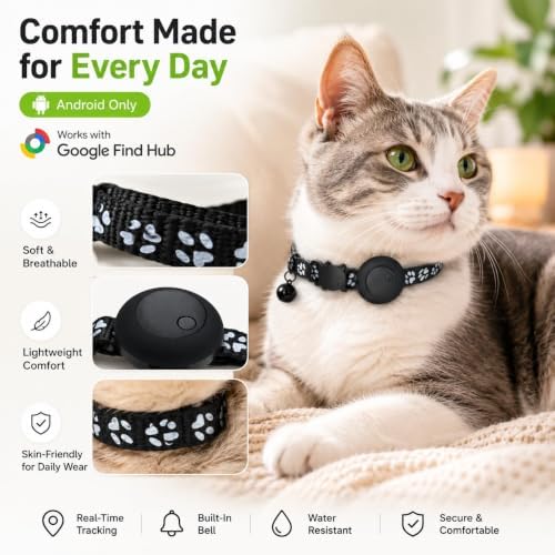 Pet Tracker,GPS Collar for Cats (Android Only) Smart tag,Waterproof Compatible with Google Find My,Advanced Tracking Solution Smart Collar for Pet Safety Ideal Small Large Cats (Black) (Black)