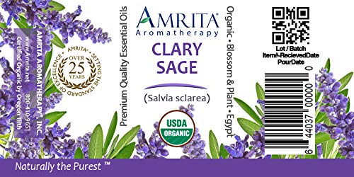 Amrita Aromatherapy Organic Clary Sage Essential Oil, 100% Pure Undiluted Salvia sclarea, Therapeutic Grade, Premium Quality Aromatherapy Oil, Tested & Verified, 60ML
