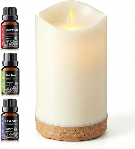 130ML Flameless Candle Essential Oil Diffuser with 3 Aroma Oils | for Small Space with 7 LED Color Night Light,Mini Humidifier for Bedroom Room Decor,Gifts for Women