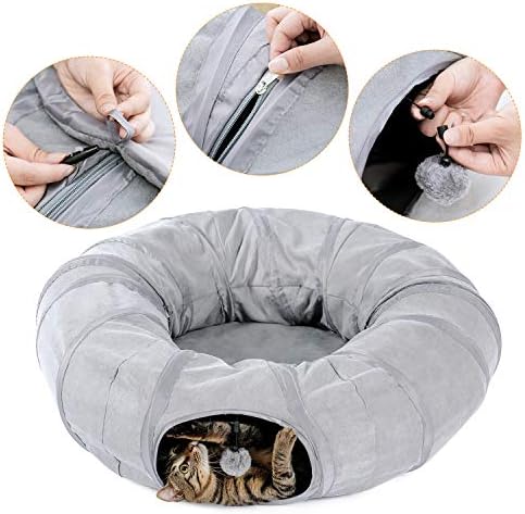 PAWZ Road Donut Cat Tunnel Bed with Center Mat, Peek Hole & Hanging Balls