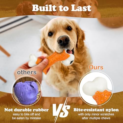 Kseroo 2-Pack Indestructible Dog Toys for Aggressive Chewers: Peanut Butter Flavored Hard Nylon Bone Chew Toys, Tough Dog Chew Toys, Dog Toys to Keep Them Busy for Medium Large Dogs, Orange