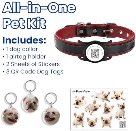 French Bulldog Leather Dog Collar with Holder for AirTag, Gift Set with 3 Frenchie QR Code Dog Tags (Dual Safety) & 2 Sticker Sheets, Personalized Accessories for Safety,Black,M
