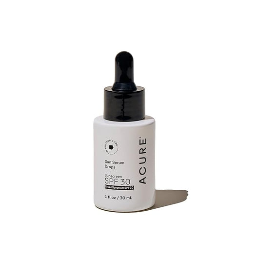 Acure Sun Serum Drops SPF 30 - Hydrating Sunscreen Serum with Broad-Spectrum Protection, Skincare for Beauty Glow, Light & Sheer UV Shield, Use with Makeup, Travel Size, Sulfate Free, Vegan - 1 fl oz