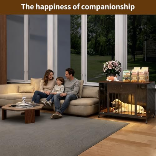 31.5" Iron Pegboard Dog Crate Furniture with Wooden Top &Remote RGB Light