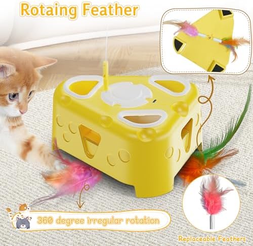 Automatic Cheese-Shaped Interactive Cat Toy – Flying Bird, 6-Hole Mole & Rotating Feather | USB Rechargeable Electronic Feather Toy for Indoor Adult Cats & Kittens, Relieves Boredom
