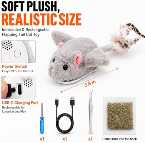 BABORUI Interactive Cat Toy Flying Mouse, Gray Mouse