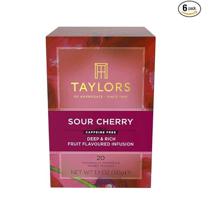 Taylors of Harrogate Sour Cherry, Herbal Tea, Individually Wrapped Bags, 20 Count (Pack of 6), Deep, Complex and Rich, Caffeine-Free, Enjoy Hot or Iced, 120 Teabags Total