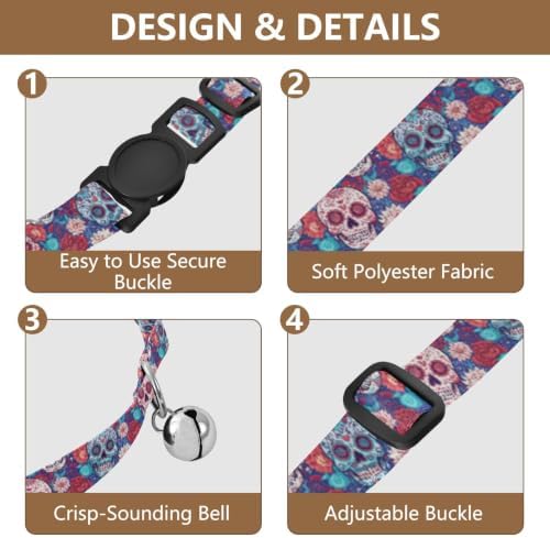 2 Pack Pet Collar Colorful Skulls Floral Red Dog Bell Collar, Adjustable Length 10.6" to 17.1"