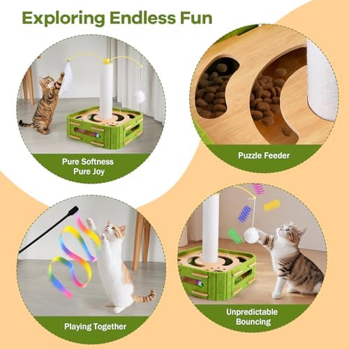 5-in-1 Cat Puzzle Box Toy for Indoor Cats Boredom Relief Interactive Wooden Cat Enrichment Maze with Balls, Feather Wands & Spiral Springs, Slow Feeder Treat Dispenser for Kittens & Adult Cats