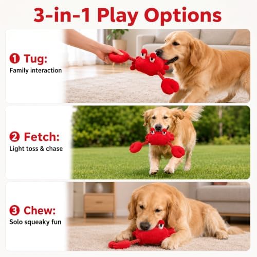 Squeaky Dog Plush Chew Toy, Interactive Tug Squeaky Toy for Chewers, Medium & Large Dogs & Fetch Play, 18.1 Inch Stuffed Crab Toy with Rope Twisted Claws for Gentle Gum Care & Boredom Relief, Red