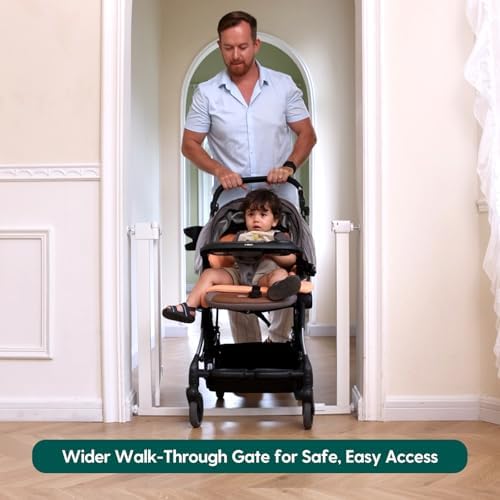 Babelio Baby Gate for Stairs No Drilling, 41-46" Wide Dog Gate with Door | Pressure/Wall Mount; Lock Indicator; 39" Wide Door; Auto-close; 200N Impact Tested; Easy Install for Doorways, Hallway, White