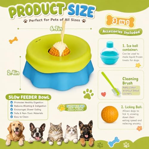 Dog Licking Bowl with Rolling Ball for Liquid Treats, Anti Slip Slow Feeder Dog Bowls with Ice Ball Mold & Clean Brush, Enrichment Puzzle Toy for Small and Medium Dogs