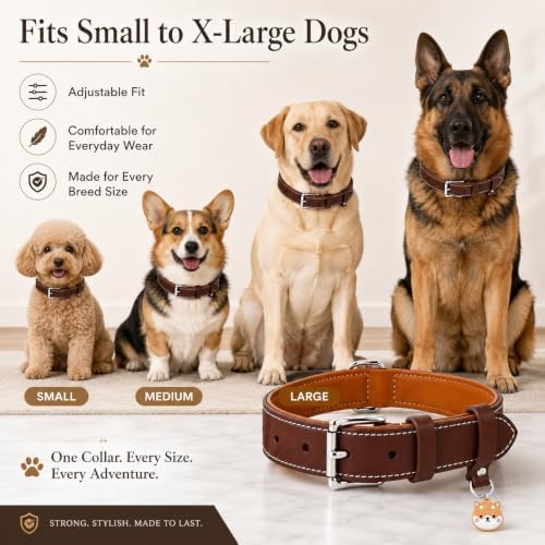 Genuine Leather Dog Collar, Soft Padded Leather Dog Collars with Airtag Holder Case for Small Medium Large X-Large Dogs,Comfort Heavy Duty Pet Collar with Durable Metal Buckle & D-Ring-Brown/S