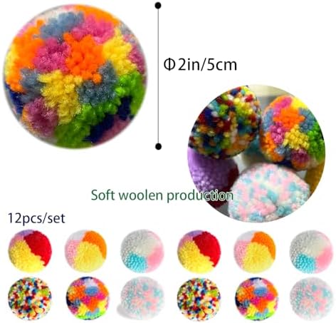 Assorted Color Cat Ball Toys, Woolen Yarn Puffs Pom Balls Interactive Kitten Chasing Toys Cat Chase Balls (12Pcs)
