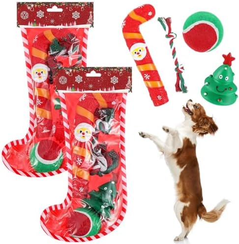 Shappy 2 Sets 8 Pcs Christmas Dog Stocking Toys with Squeaky Dog Toys, Santa Cane, Tennis Ball, Xmas Tree, Rope, Bone, Xmas Stocking Pet Set, Interactive Pet Gifts
