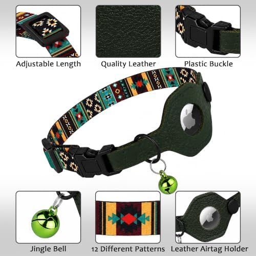 Breakaway Cat Collar with Leather AirTag Holder & Bell - Apple Air Tag Cat Collars for Girls & Boys, Lightweight Anti-Lost GPS Tracker Design, Printed Pattern - Safety and Adjustable (Tribal)