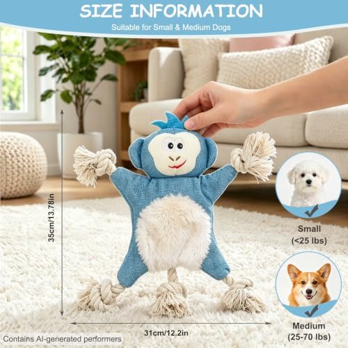 No Stuffing Crinkle Squeaky Dog Toy for Small Medium Puppies,（Monkey）