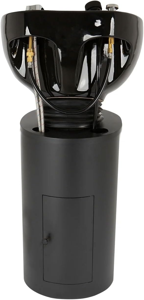 Buy-Rite Paris Pedestal Shampoo Unit - Tilting Porcelain Bowl with Black Metal Base, Silicone Neckrest, Rear Plumbing Access Door, Complete Hardware & Vacuum Breaker Included, NIN-030BLACKBASE-BLK