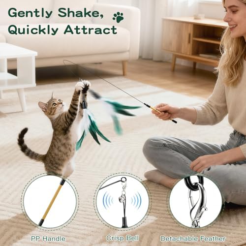 Pawaboo Cat Feather Wand Interactive Toy, 2 Feathers + 1 Wand with Bell