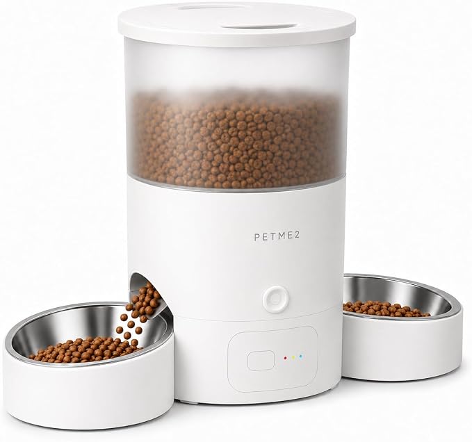 3L Dual Automatic Pet Feeder - Smart & Quiet Cat Automatic Feeders for 2 Cats with App Control, 2 Way Audio, Dual Power Options, Portion Control, Self-Feeding Cat Food Dispenser - White