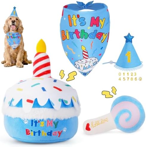 KIPRITII Dog Birthday Supplies with Cake Toys, Bandana & Hat for Small Dogs