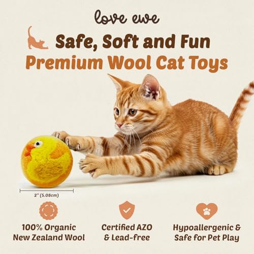 Love Ewe Wool Cat Toys Ball 3 Pack, 2-inch Duck and Bunny