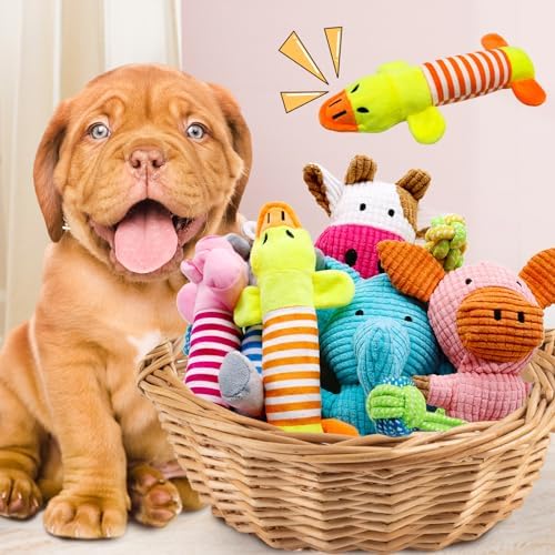 12 Pack Dog Squeaky Toys, Interactive Plush Chew Toys with Rope