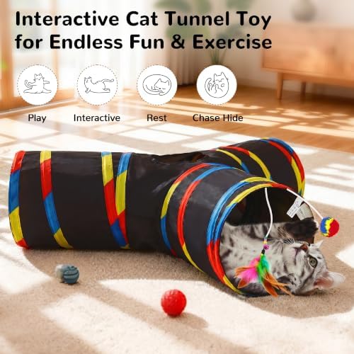 Tempcore Cat Tunnel, 3-Way Collapsible Toy for Indoor Cats, Black & Rainbow