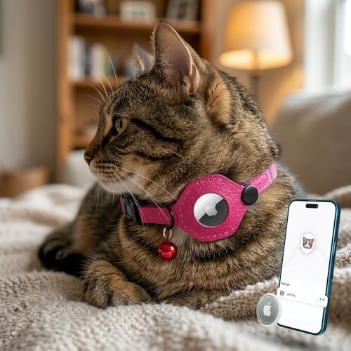 Breakaway Cat Collar with Leather AirTag Holder & Bell - Apple Air Tag Cat Collars for Girls & Boys, Lightweight Anti-Lost GPS Tracker Design, Printed Pattern - Safety and Adjustable (Striped)