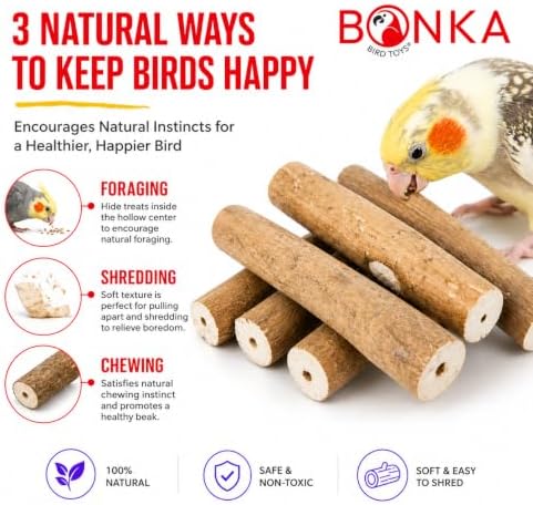 Bonka Bird Toys 1211 Pk6 Natural Bark Sola Sticks, 6-Pack, 3" Long, 1.25" Diameter, Soft Chew and Foraging Toy for Birds, Parrots, Parakeets, Cockatiels, Lightweight, Natural, Safe, Eco-Friendly