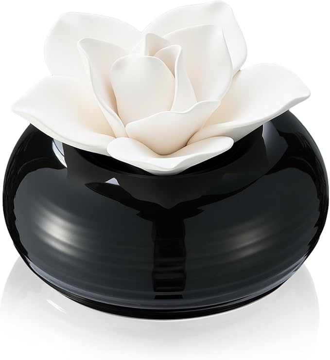 Honeydak 1 Pcs Ceramic Essential Oil Diffuser, Non Electric Reedless Passive Porcelain Flower Aromatherapy Diffuser, Decorative Floral Design Tabletop Office Home Bathroom Decor (White Lotus)