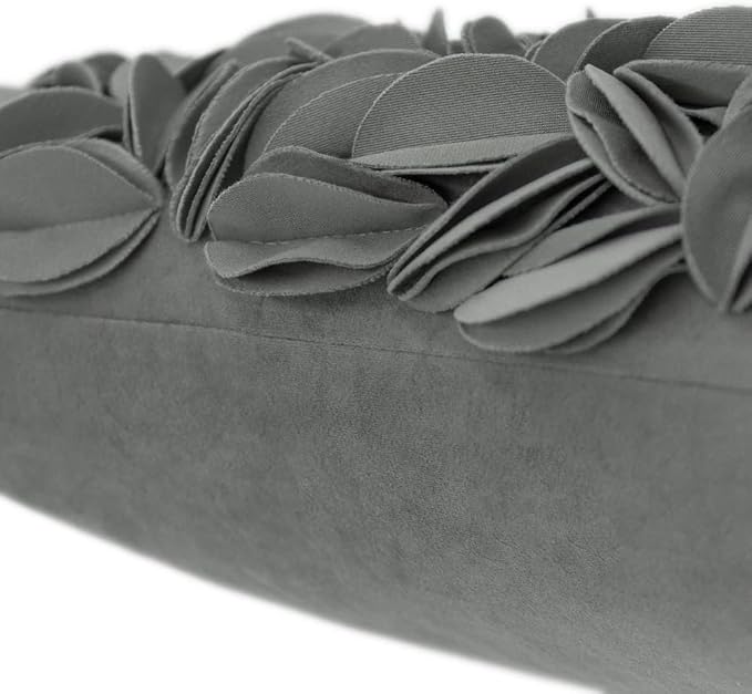 KINGROSE Handmade 3D Flower Pillow Cover, Velvet, 12 x 20 Inches, Grey | Decorative Throw Pillow Case, Solid Soft Cushion Cover, Sofa, Bed, Living Room, Couch