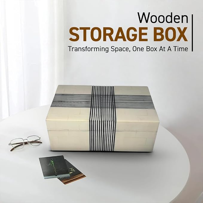 Perilla Home ﻿Home Decor Decorative Storage Wooden Box Small Wooden Organizer Tool Stash Card Craft Trinket Memory Keepsake Jewelry Box for Men and Women, Thin Line, Gifts For All Black & Off White