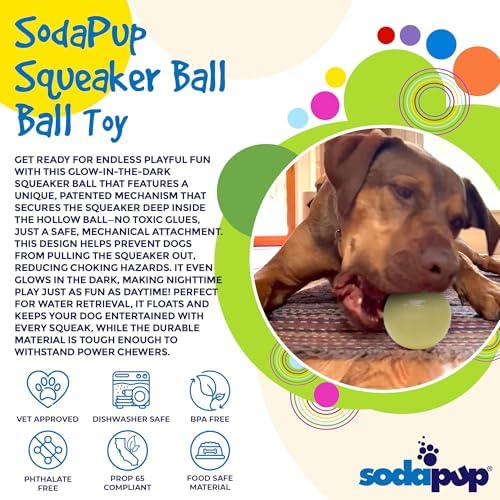 SodaPup Squeaker Ball – Durable Dog Ball Toy, Chew Toy & Floating Retrieving Toy with Squeaker Made in USA from Non-Toxic, Pet-Safe, Food Safe Rubber Material for Bonding, Physical Exercise, & More