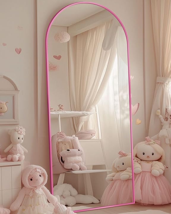 Antok 58" x19” Arched Full Length Floor Mirror, Pink Aluminum Frame, Free Standing/Wall Mount/Leaning for Bedroom, Living Room, Dressing Room
