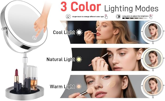 Rechargeable Adjustable-Height Lighted Vanity Mirror with 3 Color Lights, Touch Screen and Dimmable Settings 8-inch Dual-Sided 1X/10X and 360° Swivel Makeup Mirror with Jewelry Tray (Chrome)