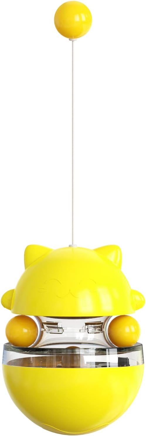 Cat Tumbler Interactive Treat Dispenser Toy, No-Electric Automatic Moving Cat Toy with Wand Ball, Slow Feeder & IQ Training Toy for Indoor Cats & Kittens, Yellow