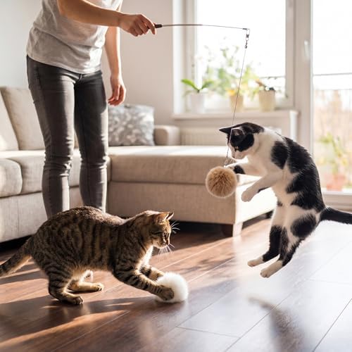 18 Pack Natural Rabbit Fur Cat Toy Refills, Mouse Tail Fur Ball Shaped Cat Toys, Interactive Cats Wand Toy Replacement Head with Secure Connector (Pom Pom)