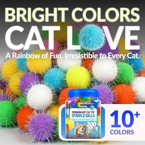 HA SHI Sparkle Cat Toy Balls 200 Pack, Tinsel Pom Poms with Storage Jar