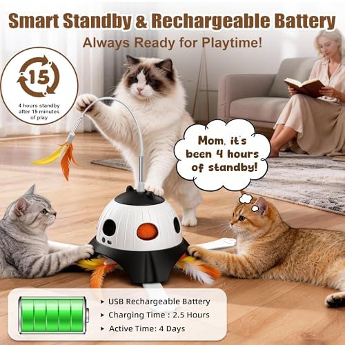Casfuy 3-in-1 Interactive Whack-a-Mole & Rotating Feather Wand Cat Chasers Toy with Plush Tail, Black