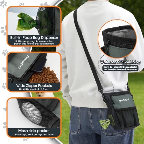 Dog Treat Pouch, 4 Cup Training Bag, Magnetic Closure, 3 Way Wear, Gray | 600D waterproof Oxford fabric, multi pocket storage, zipper and mesh pockets, pull out poop bag dispenser, includes 2 rolls