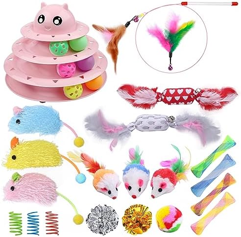 UPSKY 24 PCS Cat Toys Set with Teaser, Mice, Spring, and Various Ball Toys | Puzzle Kitten Toys, Sturdy Structure, Detachable Design, Easy to Assemble, Anti-Slip, Reduces Boredom for Indoor Cats