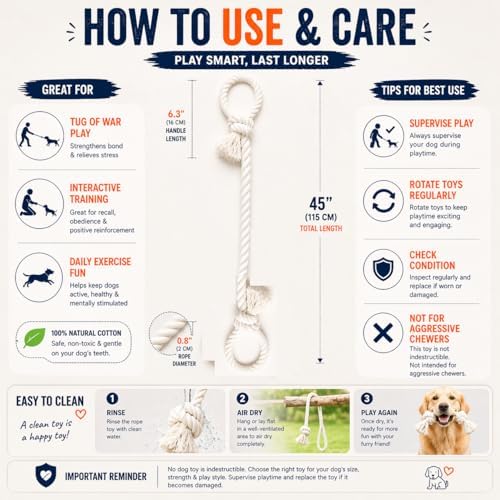 Cotton Dog Rope Toy with Dual Handles 45" Extra Long Tug Toy for Medium to Large Dogs, Durable Interactive Tug-of-War, Teeth Cleaning, Indoor Outdoor Play, White