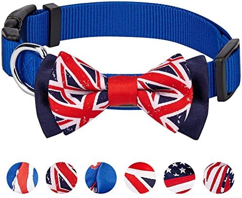 Blueberry Pet 2 Patterns Patriotic Spirits UK Flag Adjustable Bowtie Blue Dog Collar - Handmade Bow Tie w/Jacquard Weave Fabric, Small, Neck 12"-16"
