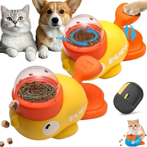 Duck Cat Treat Dispenser, 2026 New Duck Puzzle Feeder for Cats, Duckie Cat Feeder, Yellow Ducks Cat Feeder Toy, Food Dispenser Toy with Button, 2-in-1 Interactive Toy & Slow Feeder (2PC-Yellow)