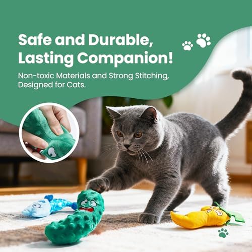 Catnip Toys Set of 3 – Fish, Chili Pepper and Cucumber Plush Cat Toys for Indoor Cats, Natural Catnip Filled Interactive Chew and Teething Toys for Kittens