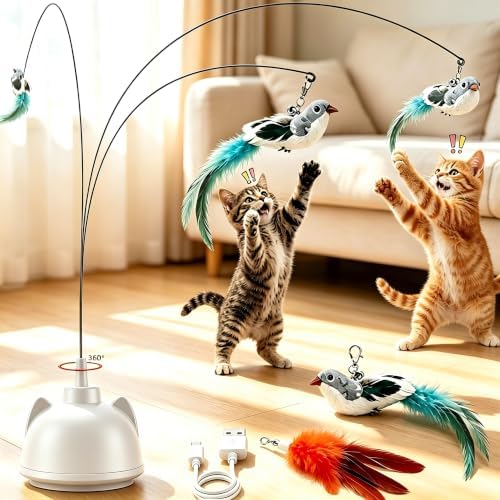Interactive Cat Toys for Indoor Cats, Automatic 360° Spinning Cat Wand Toy, Strong Suction Cup Base, USB Rechargeable, Detachable Wand, 2 Feather Refills, 2 Speeds, 3 Modes for Cats of All Ages