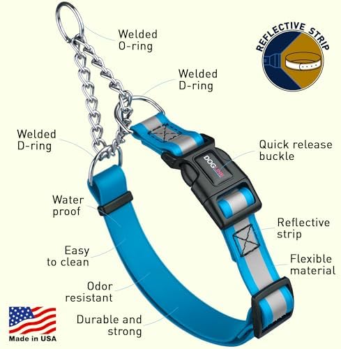 Dogline Reflective Martingale Collar for Dogs with Quick Release Buckle – Biothane Dog Collar with Herm Sprenger Assembly Chain – Waterproof No Pull Dog Collar, L 14”-20”, Cerulean Blue