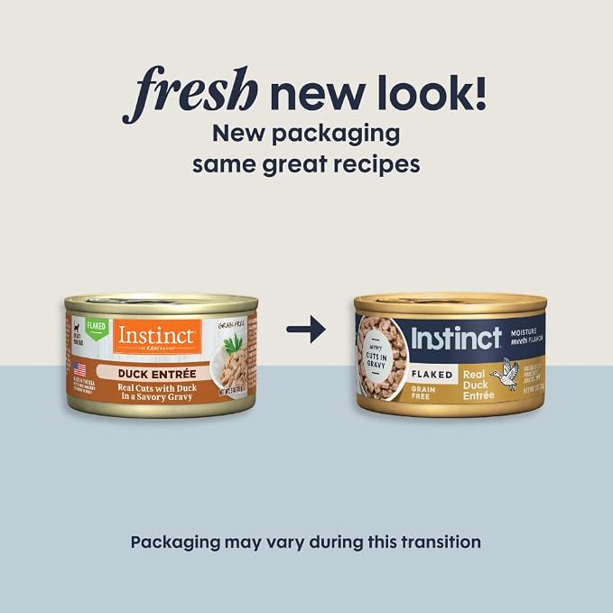 Instinct Flaked Entrees, Wet Canned Cat Food, Duck, 3 oz. (24 Count) | Tender flaked cuts in savory gravy, high protein, real duck, whole-food ingredients, grain-free, hydration support